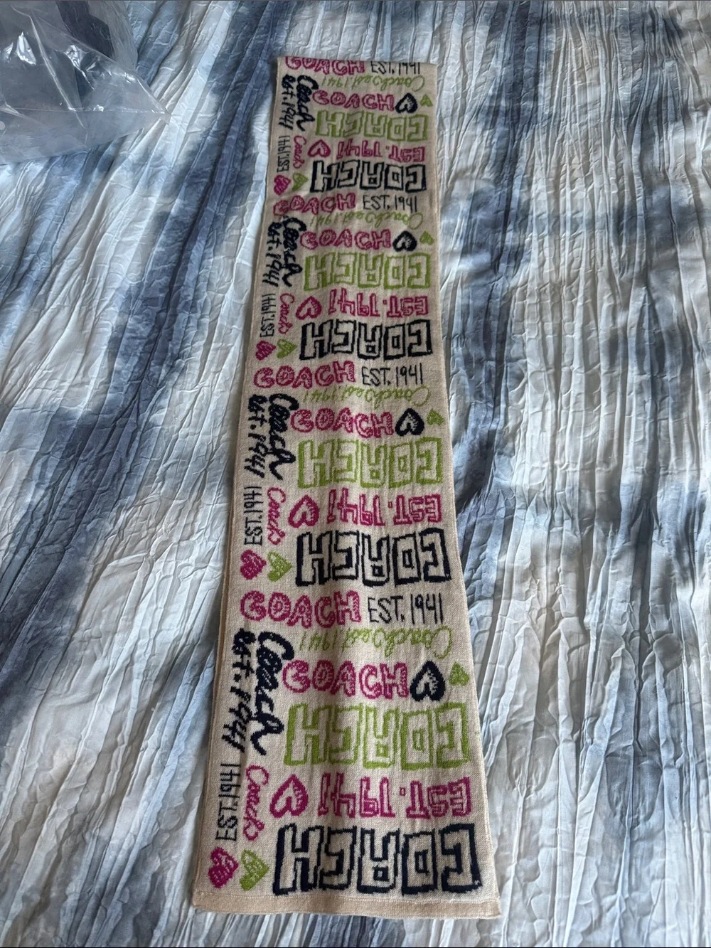 Coach Logo Print Scarf in Pink, Lime & Navy on Cream